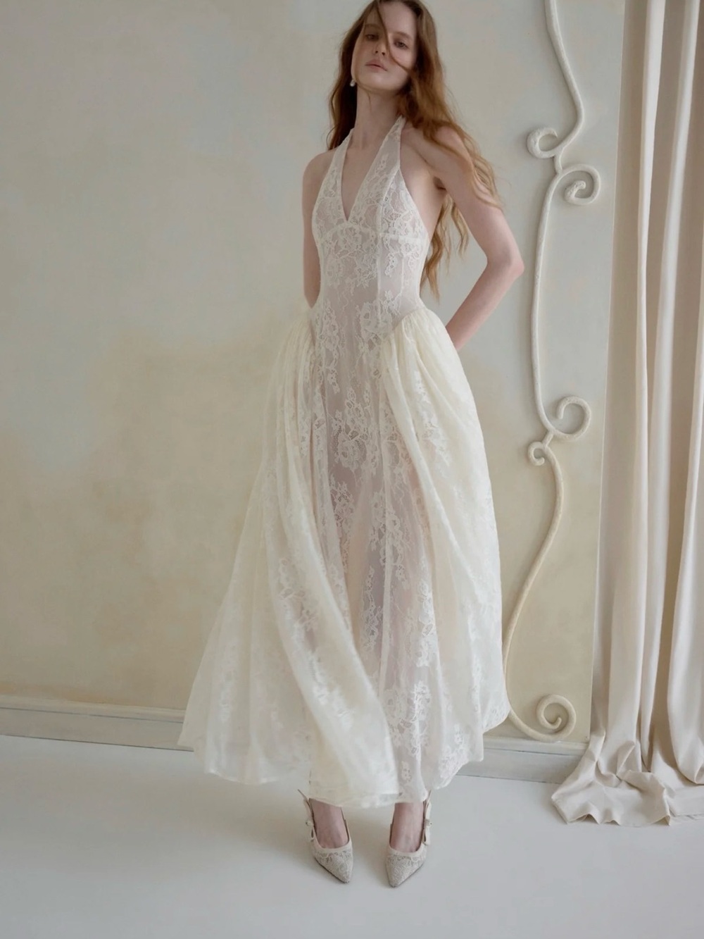 Ivory Lace Halter Maxi Dress